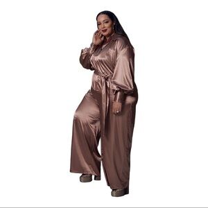 Eloquii Copper Satin Shine Wide Leg Jumpsuit w/Waist Tie Button & Front Details